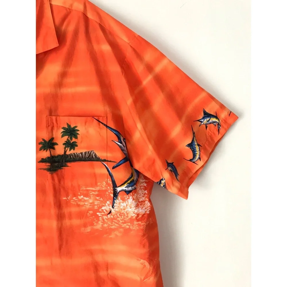 Vintage KY'S Hawaiian Button Up Shirt Mens 2XL Orange Marlin Fish Aloha Tiki USA